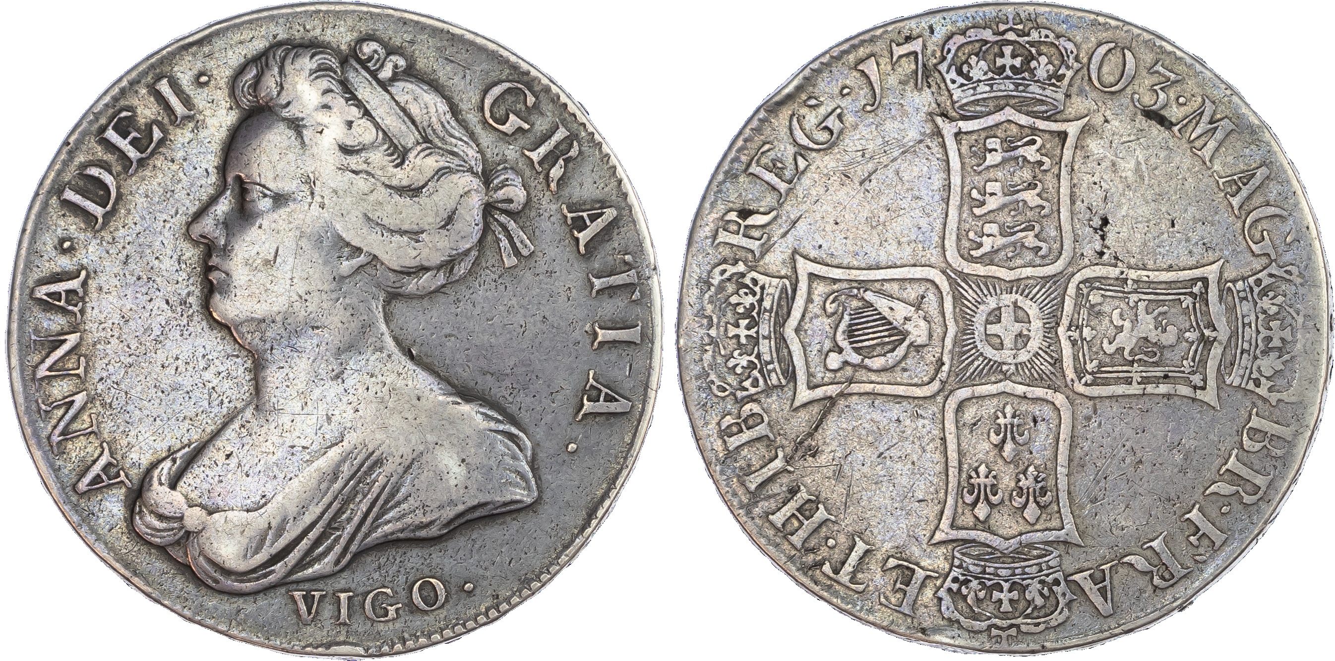 Anne (1702‑14), 'Vigo' Crown, 1703. Draped bust left, VIGO below.