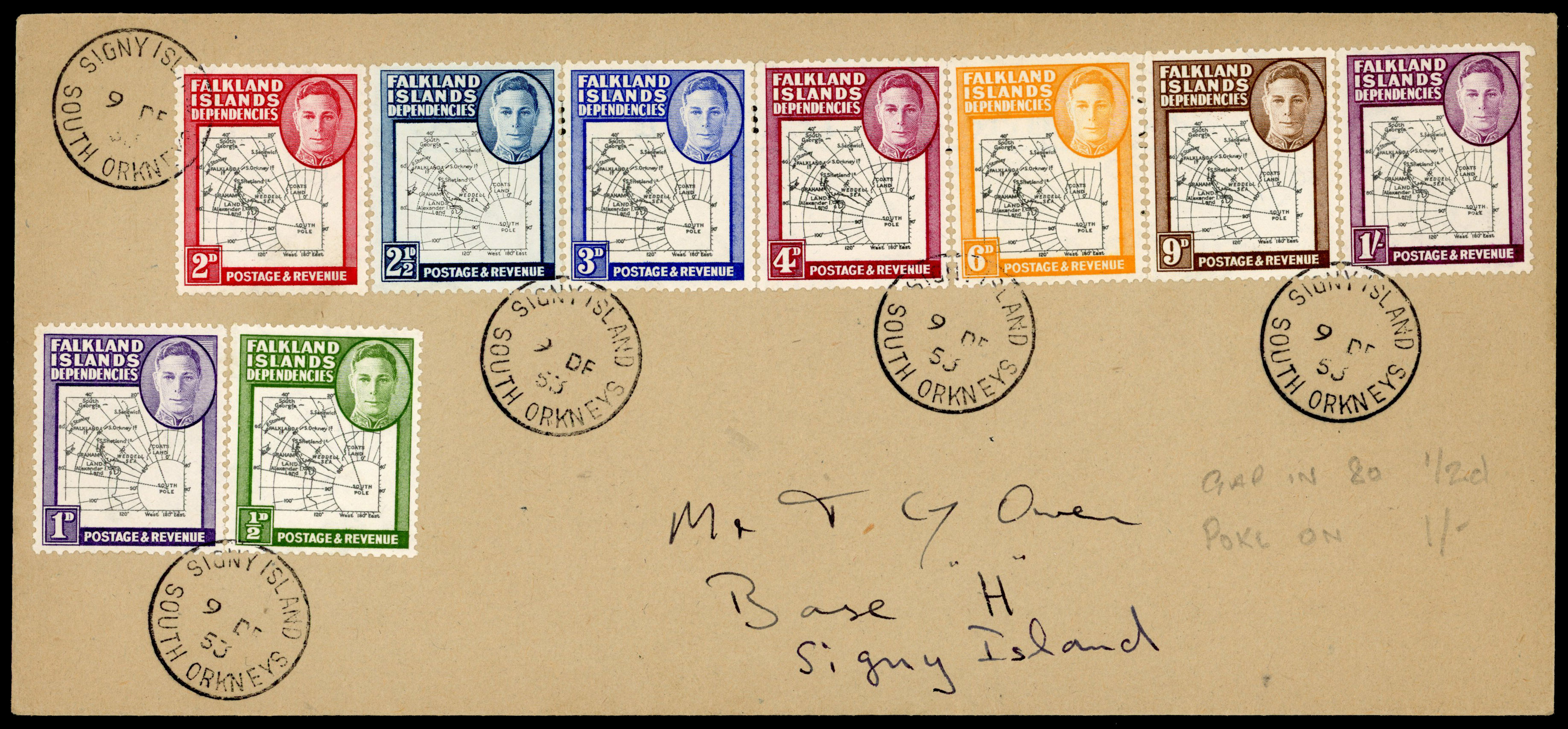 1953 cover franked thick maps to 1s, with ½d gap in 80th parallel variety, the 1s with ‘SOUTH POKE’ variety