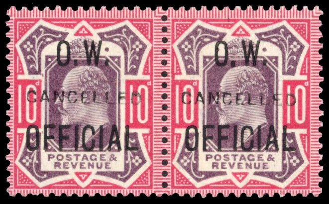 GB SG O40 1902-03 O.W. Official 10d pair overprinted Cancelled
