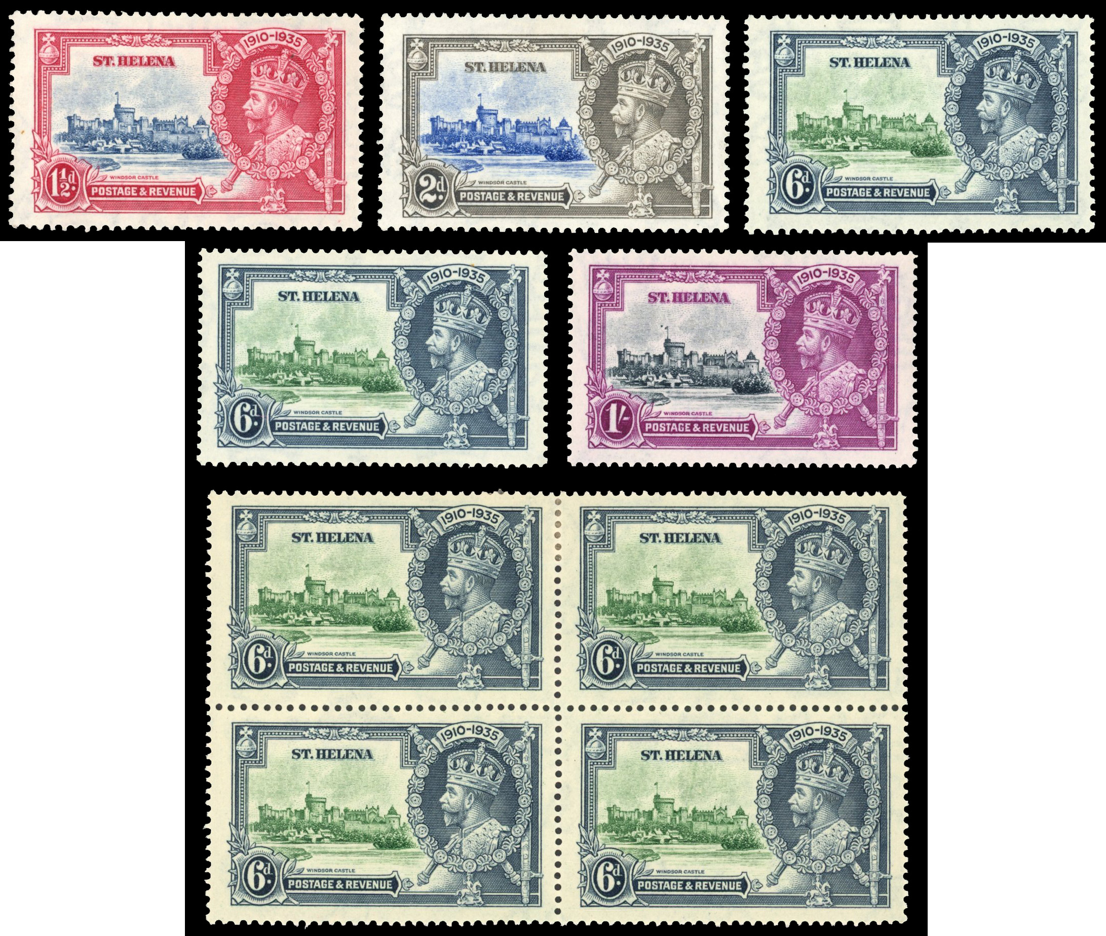 St Helena 1935 Silver Jubilee mint variety group, SG 124f/127h