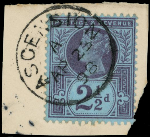 1887 2½d purple on blue tied to paper piece...