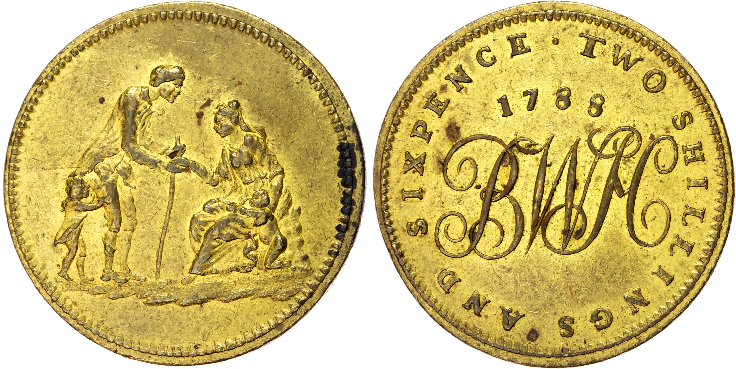 Warks. Birmingham , Workhouse, brass TwoShillings and Sixpence 1788, Charity seated, giving alms to an old man…