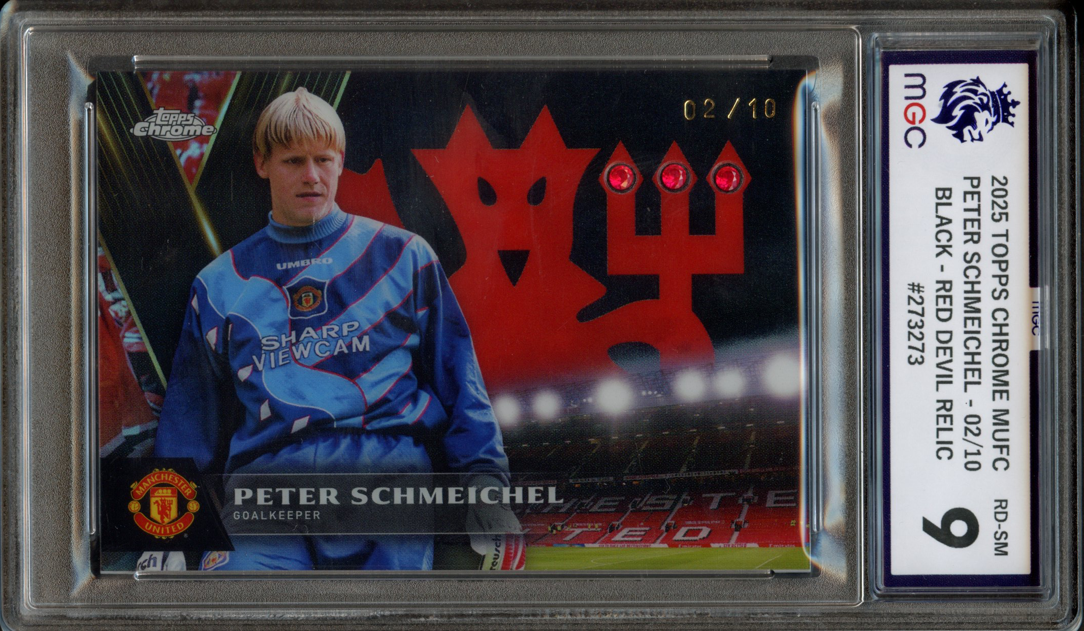 MGC 9 2025 Topps Chrome MUFC Peter Schmeichel 02/10 Black - Red Devil Relic