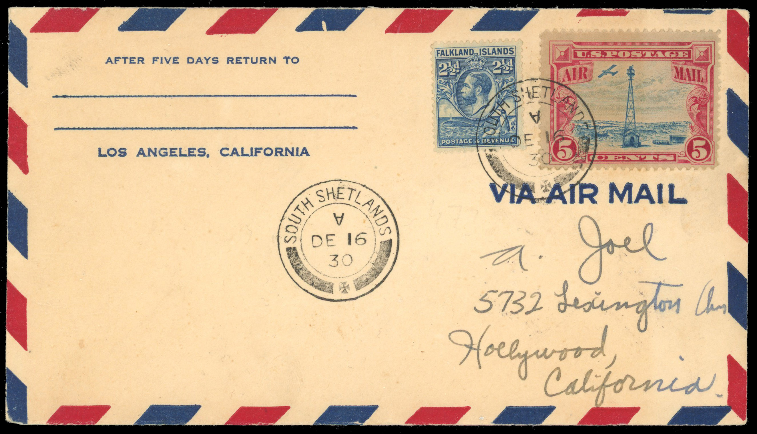 Falkland Islands Deps South Shetlands air mail cover to USA 