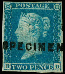 Great Britain 1841 2d blue Plate 3. Very fine and fresh unused o.g. four-margined example lettered BD, overprinted SPE…