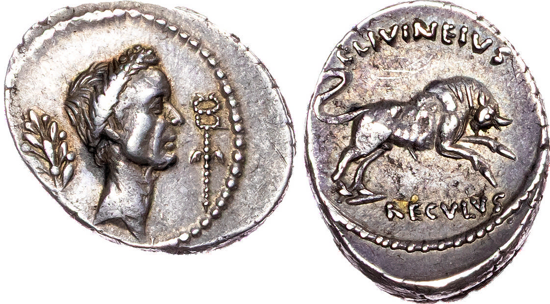 Julius Caesar, AR Denarius, posthumous issue, Rome, L. Livineius Regulus, moneyer, 3.85g.