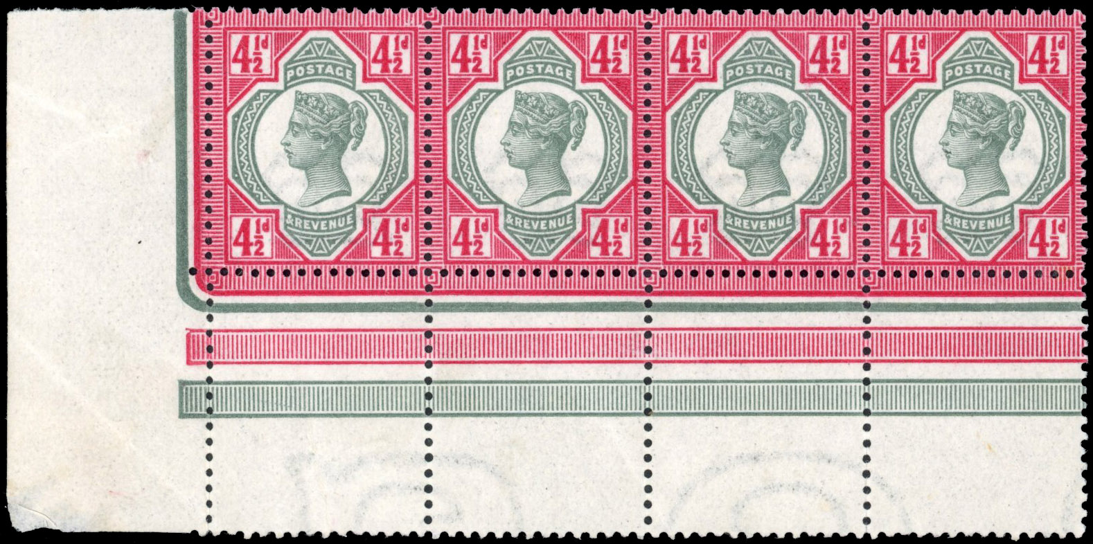 GB 1887-1900 Jubilee 4½d green and deep bright carmine mint strip