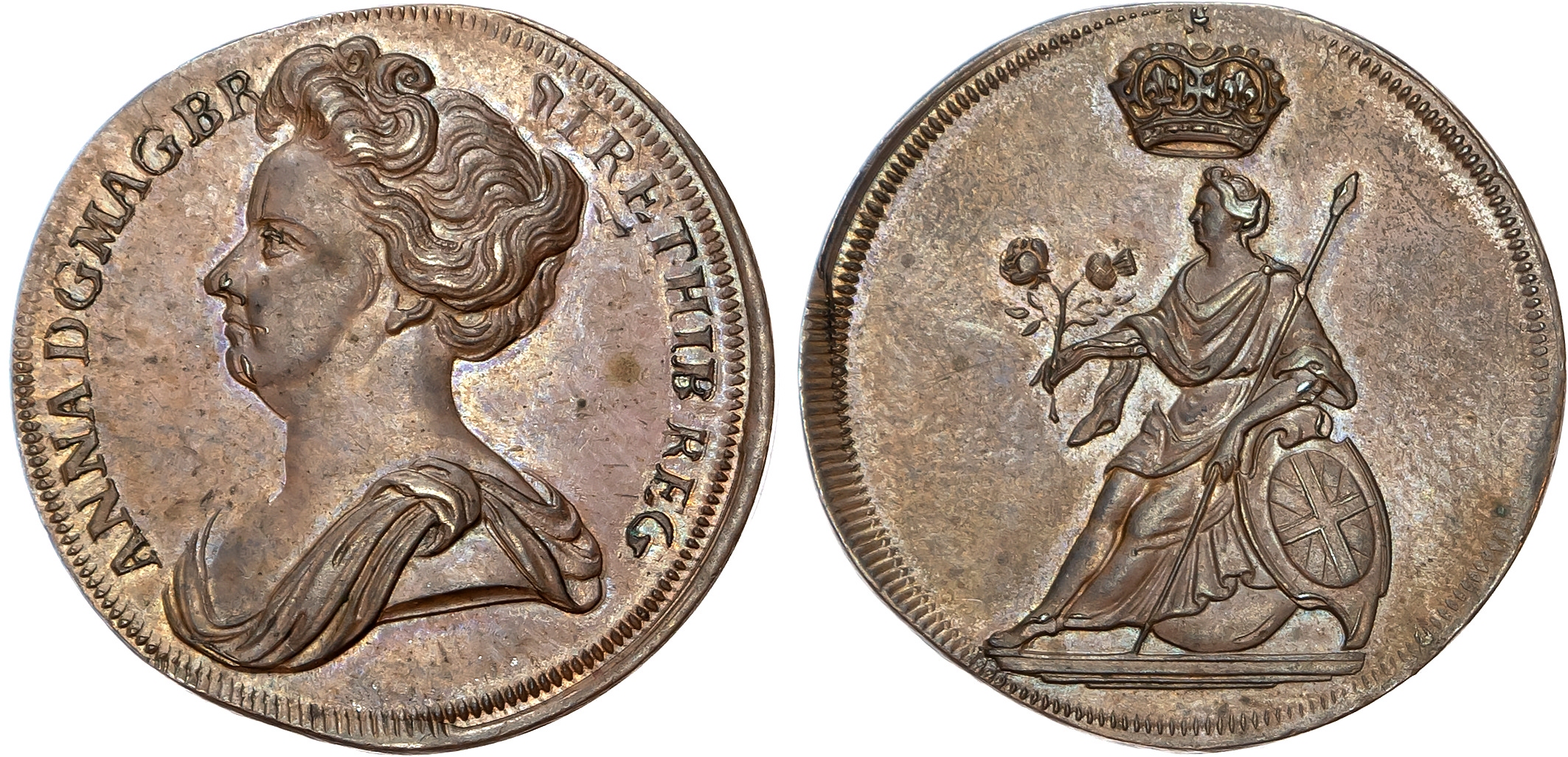 Anne (1702-1714) Pattern Halfpenny in copper, undated.
