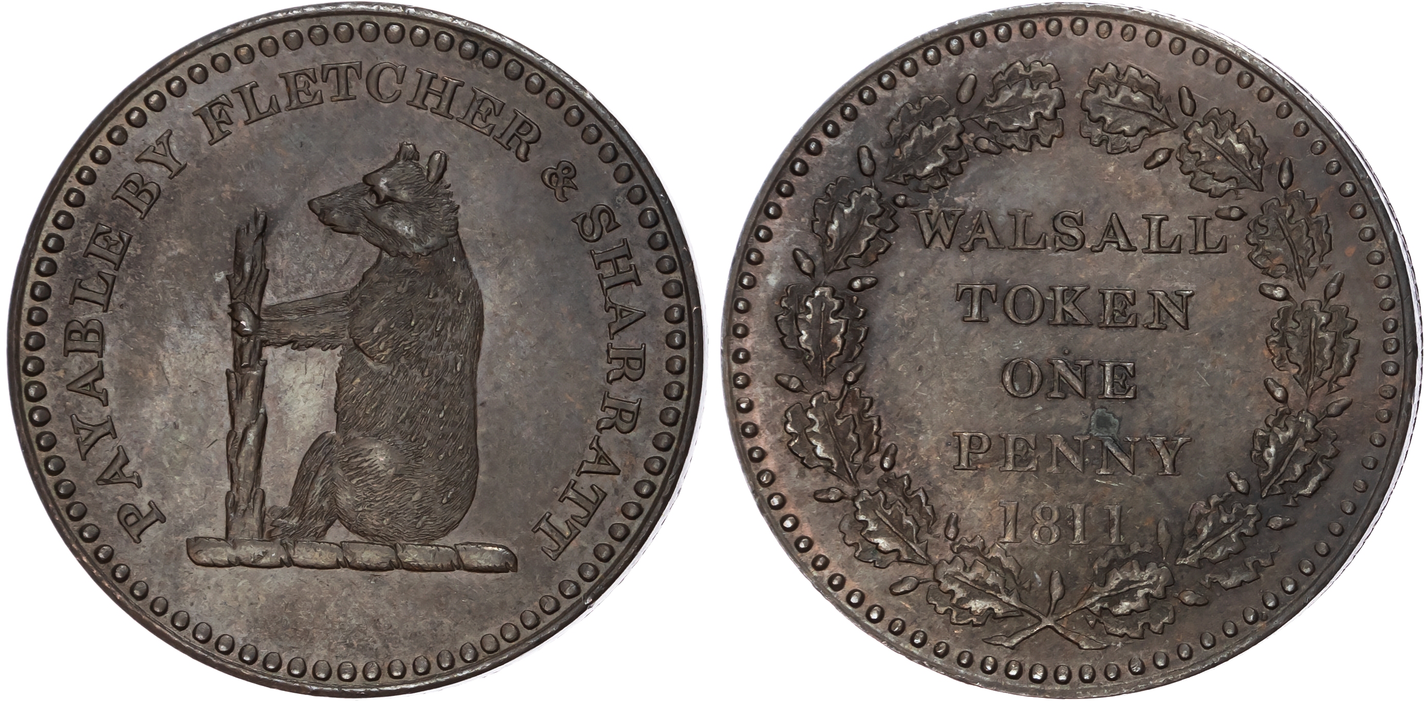 Staffs. Bilston, Edward Beebee, Penny, 1811, 18.42g. (W 37); Walsall , Samuel Fletcher and Samuel Sharratt, Pe…