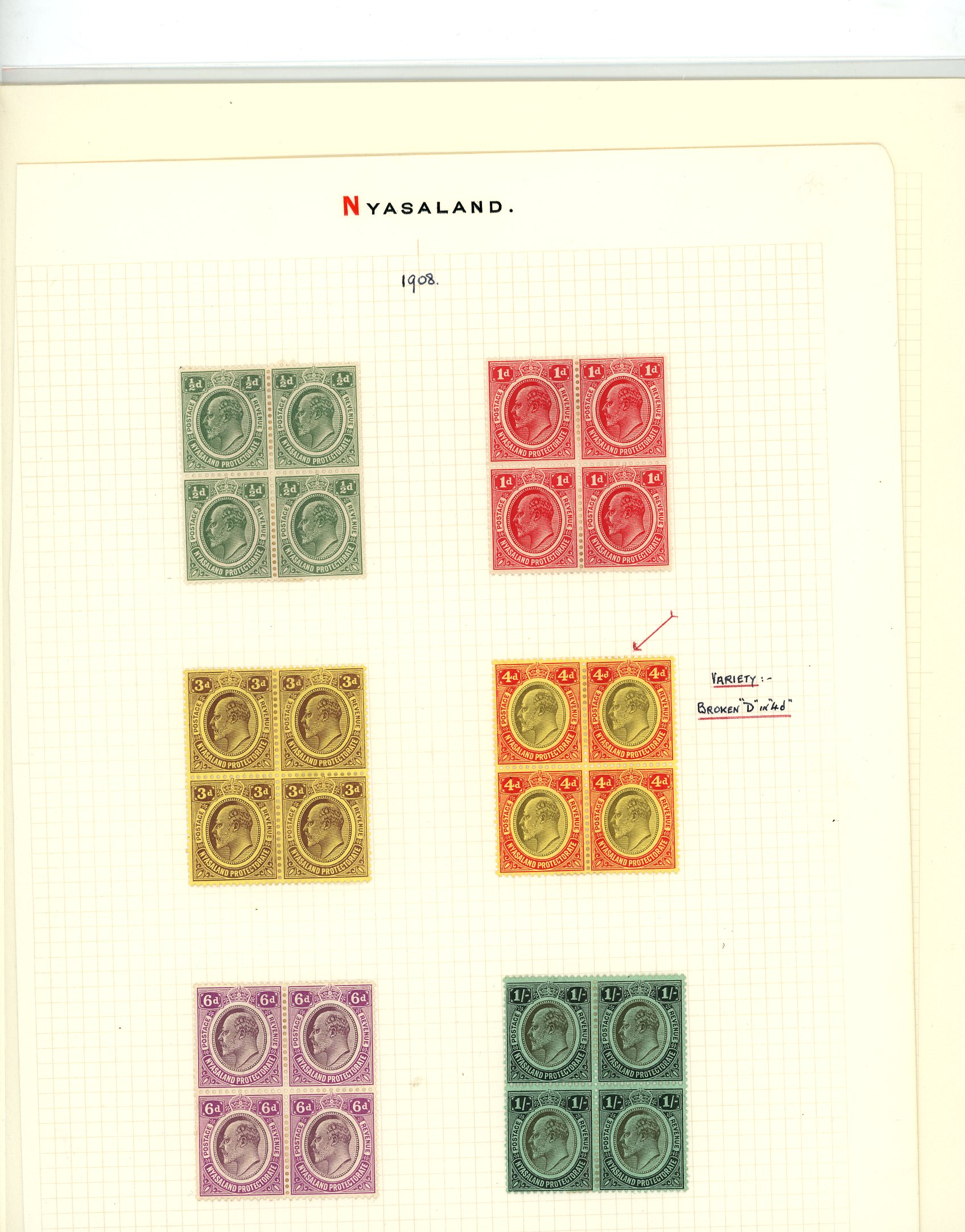 Nyasaland 1908-11 mint and used selection arranged on album...