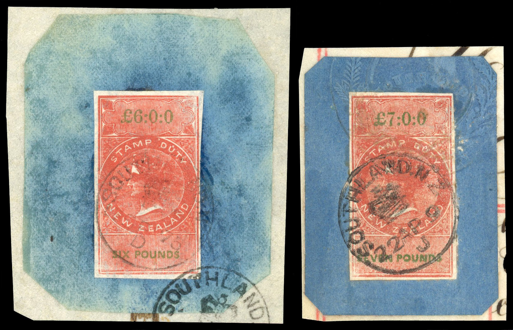 New Zealand Stamp Duty Revenue 1867 Wmk Star £6 & £7 fine used.