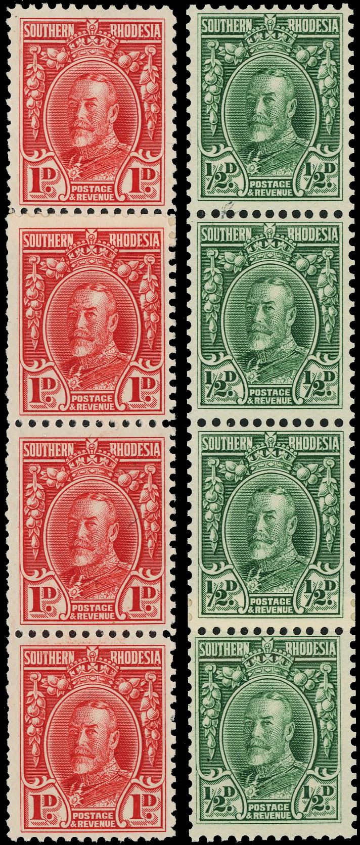 1931-37 Field Marshall ½d and 1d coil join strips of 4