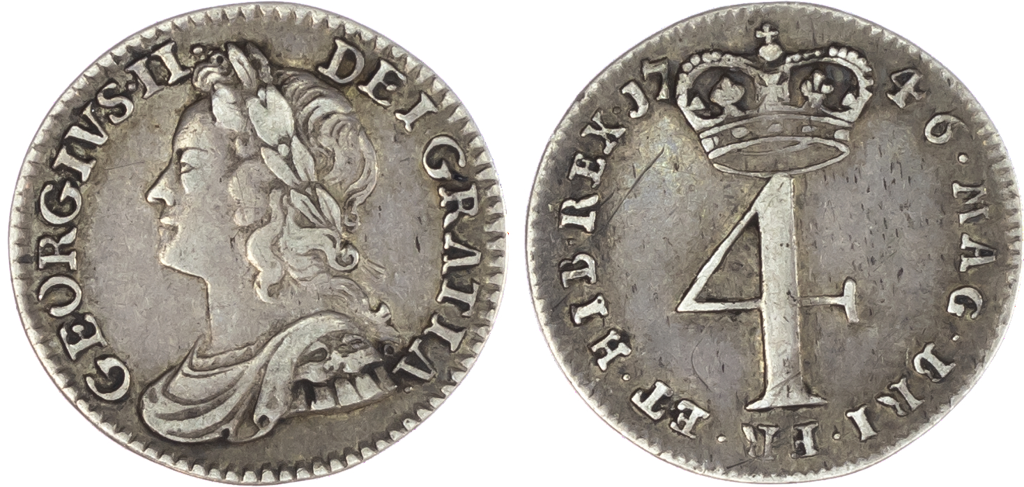 George II (1727-60), Maundy Set, 1746, Fourpence, Threepence, Twopence, Penny, young laureate bust left, toothed border