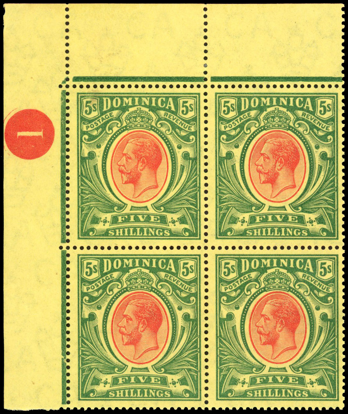 Dominica KGV 5s red and green/yellow, upper left PLATE BLOCK of four S.G. 54