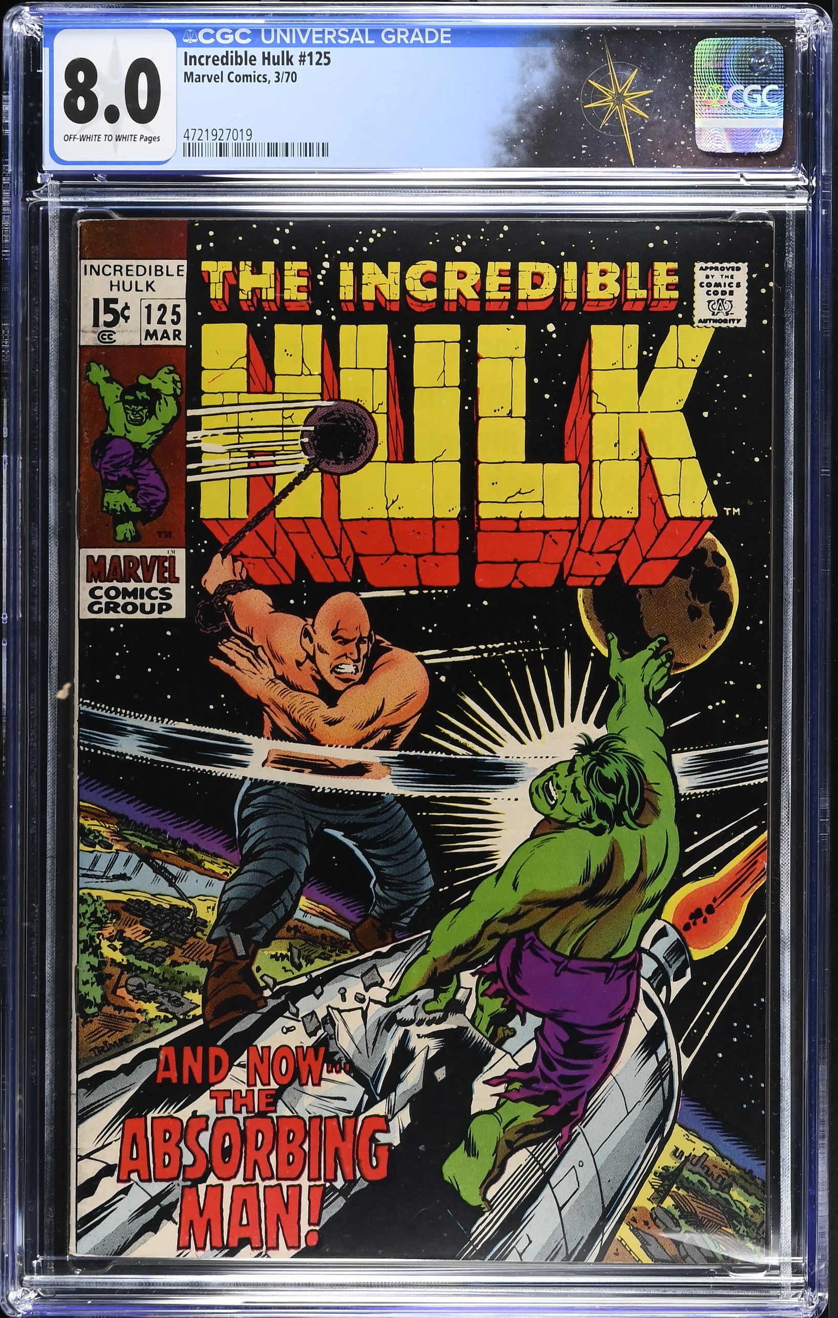 Incredible Hulk #125 CGC 8.0 "And Now, the Absorbing Man!" (Marvel Comics, 1970) Off-White to White Pages