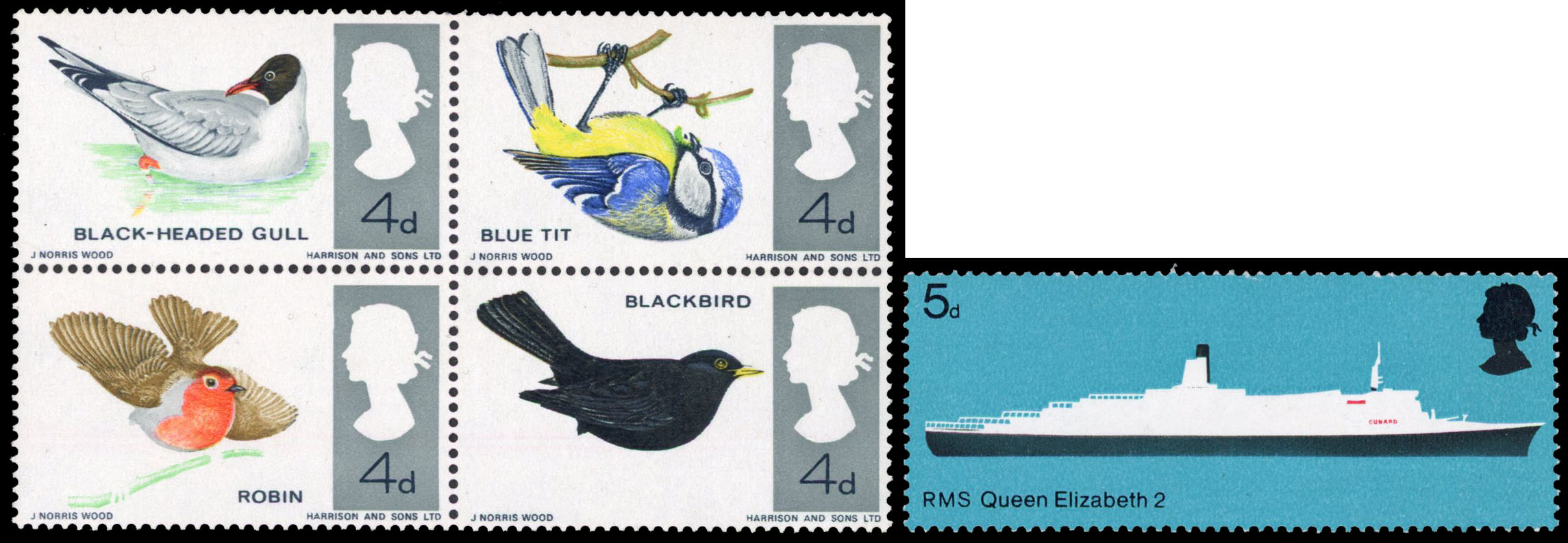 1966 British Birds block of 4 ordinary, reddish brown (legs) omitted,1969 5d QEII grey (decks etc.) omitted, fine unmounted
