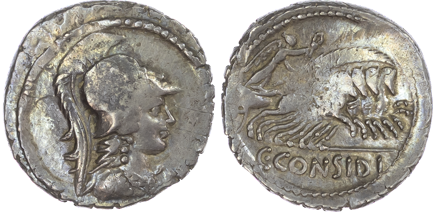 C. Considius Paetus (46 BC) AR Denarius, Rome, 3.68g. Helmeted bust of Minerva facing right, wearing aegis. Rev. Victory,