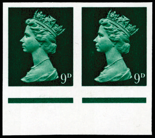 GB 1967 9d Myrtle-green (2 bands). Superb unmounted o.g bottom marginal horizontal pair of imperforate … SG740var