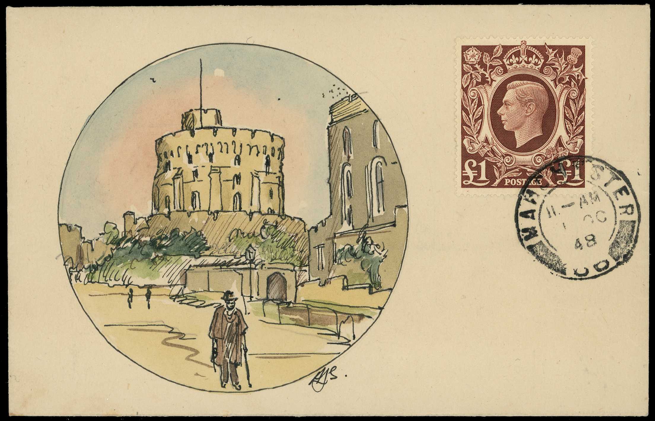 1948 £1 brown tied to hand-illustrated cover...