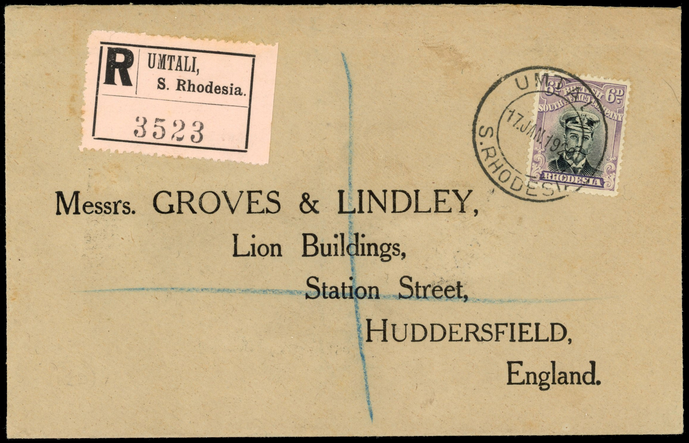 Rhodesia 1920 registered printed envelope to Huddersfield with 'Admiral' 6d Die IIIB