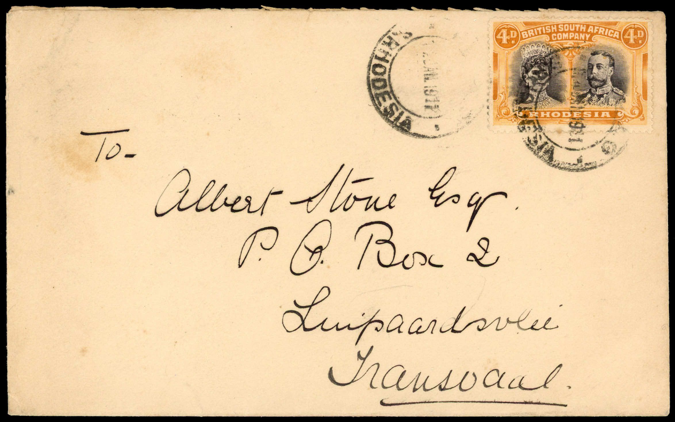 4d sepia and dull orange SG 140 variant iii on cover to Transvaal