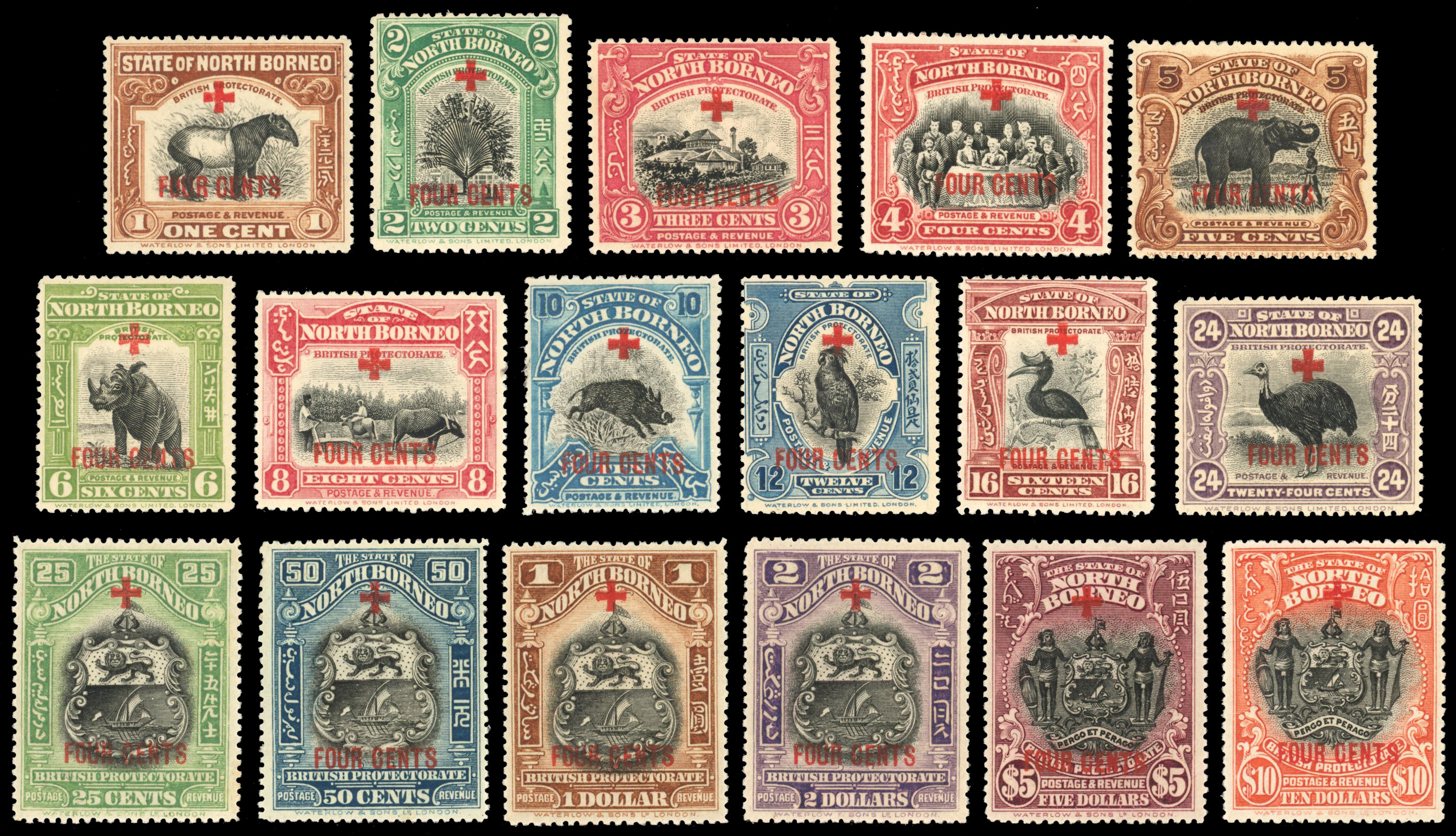 North Borneo SG 235-52 1918 Red Cross 4c surcharge set mint