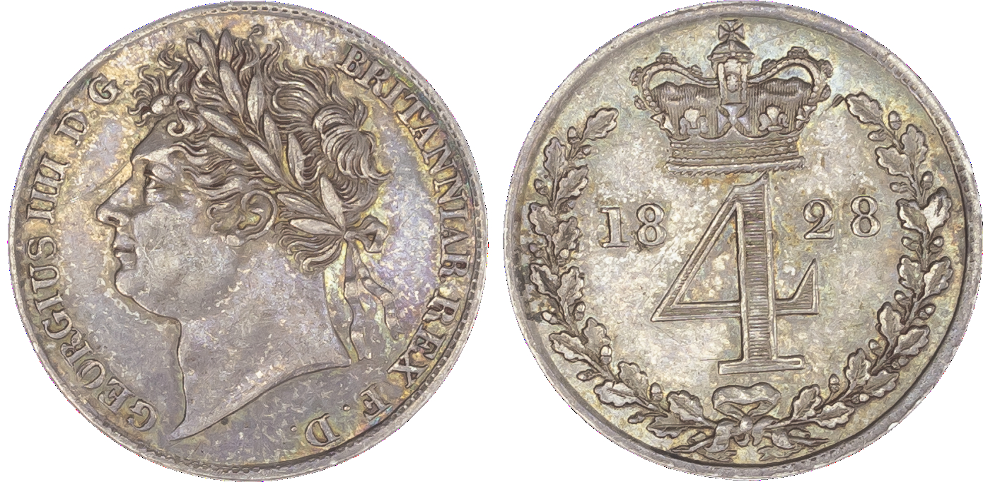 George IV (1820-30), Maundy Set, 1828, Fourpence, Threepence, Twopence, Penny, laureate head left, toothed borders, legend