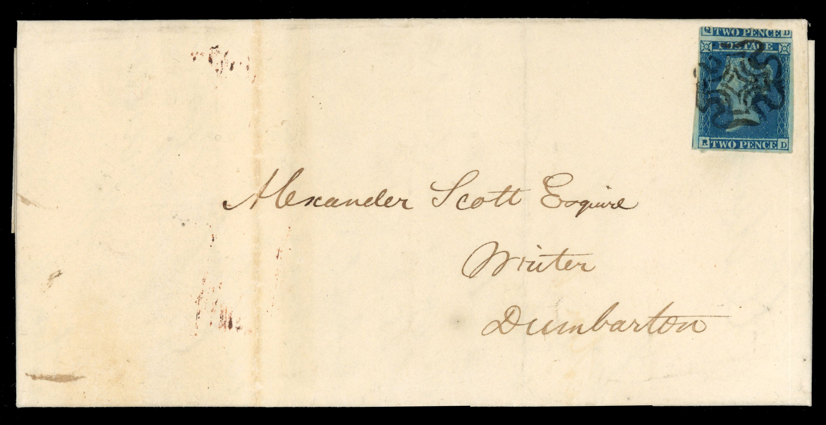 GB 1841 2d blue, Plate 3 (RD) on cover bearing distinctive Edinburgh Maltese cross