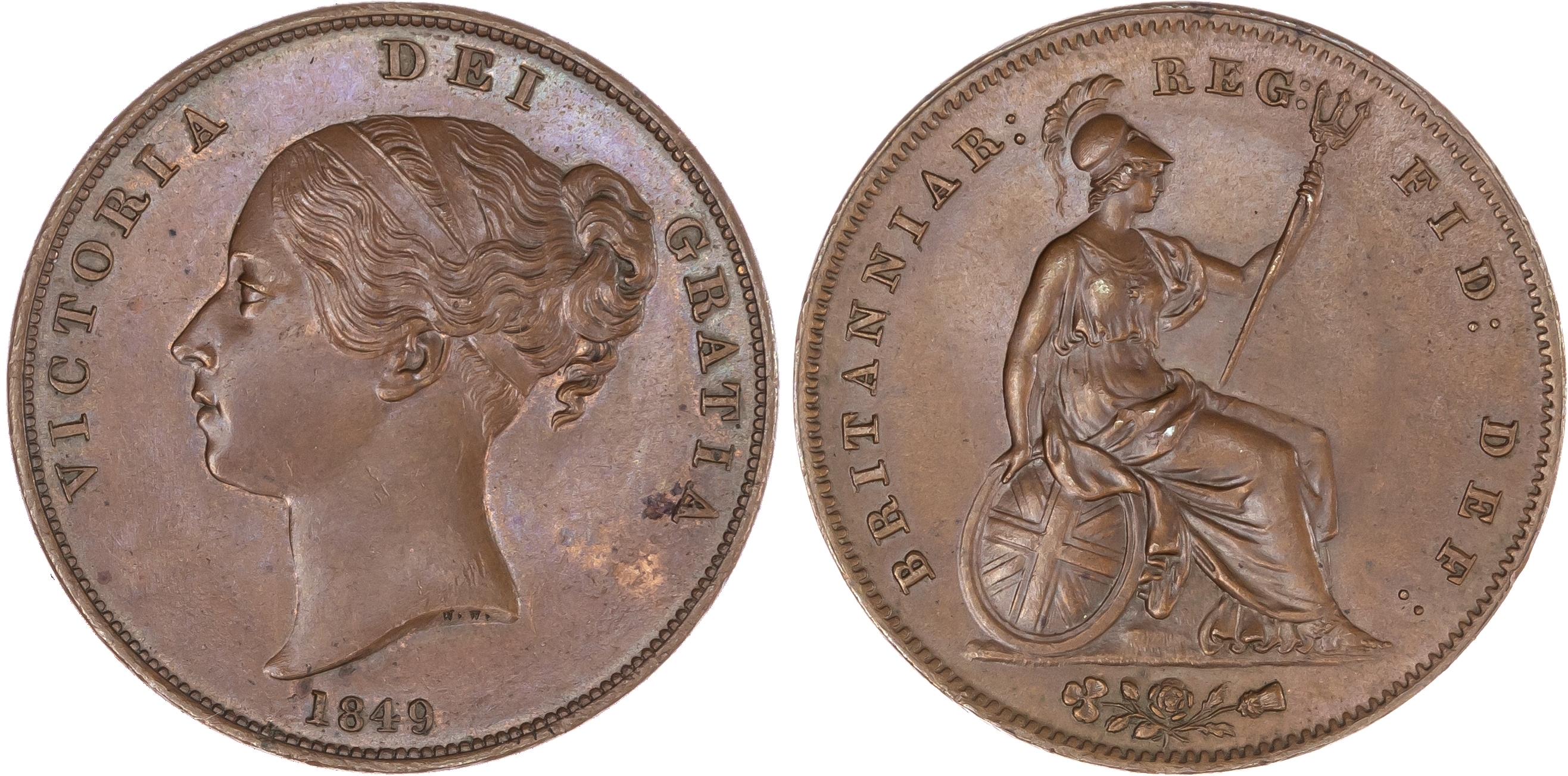 Victoria (1837-1901), Copper Penny, 1849, young head left, reverse Britannia standing right with shield and trident, (S3948,