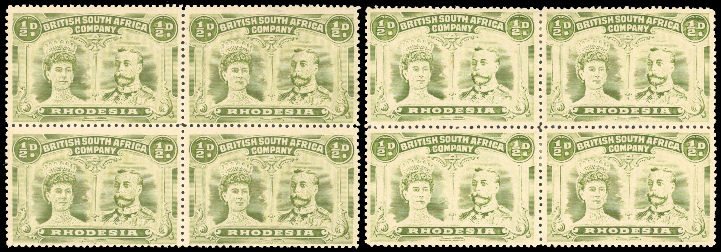 † Rhodesia 1910-13 ½d olive-green perf 14 blocks of 4