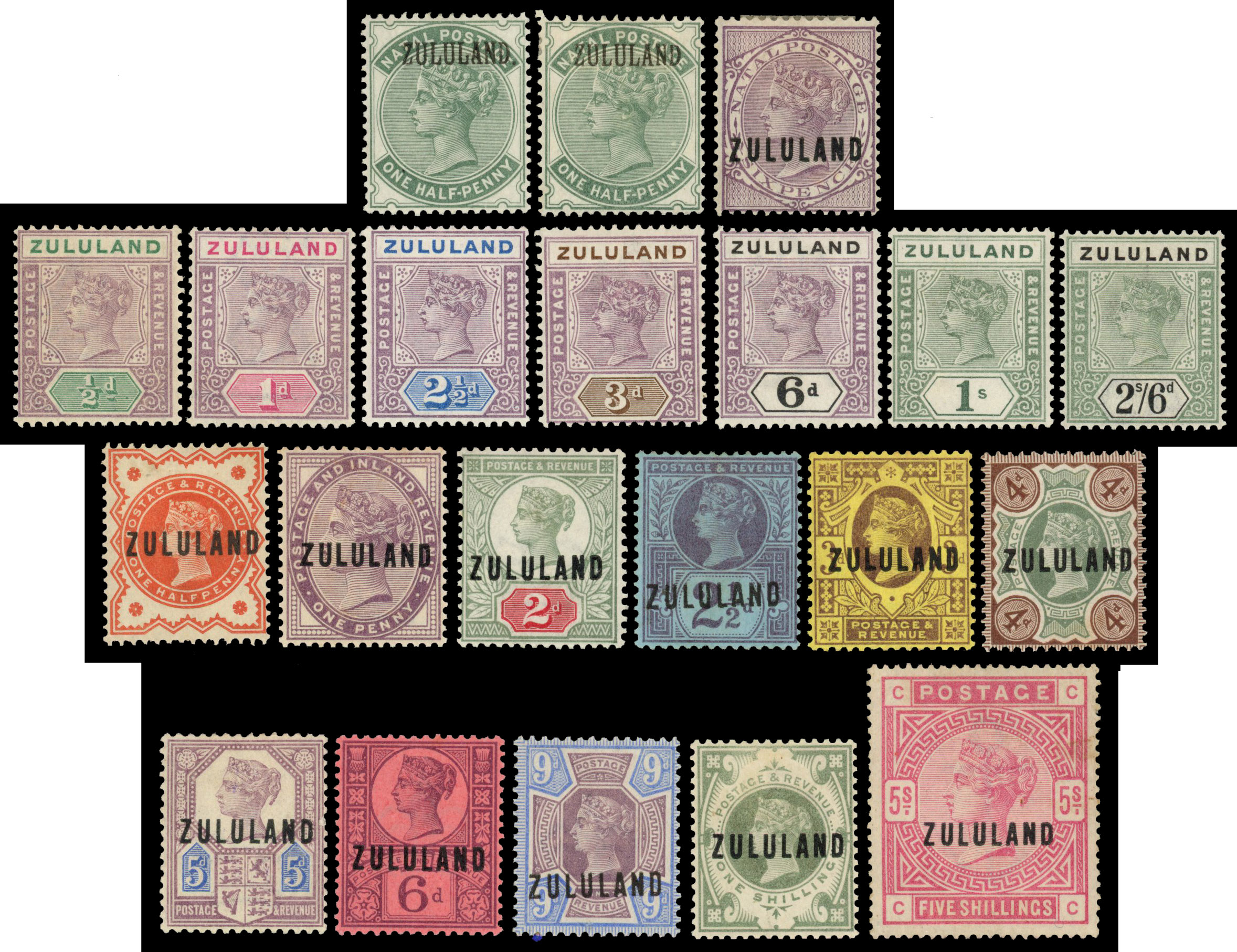 ZULULAND: Mint on stockcards, including 1888 to 5s, 1893 6d dull purple, 1894 to 2s6d good to fine. (21