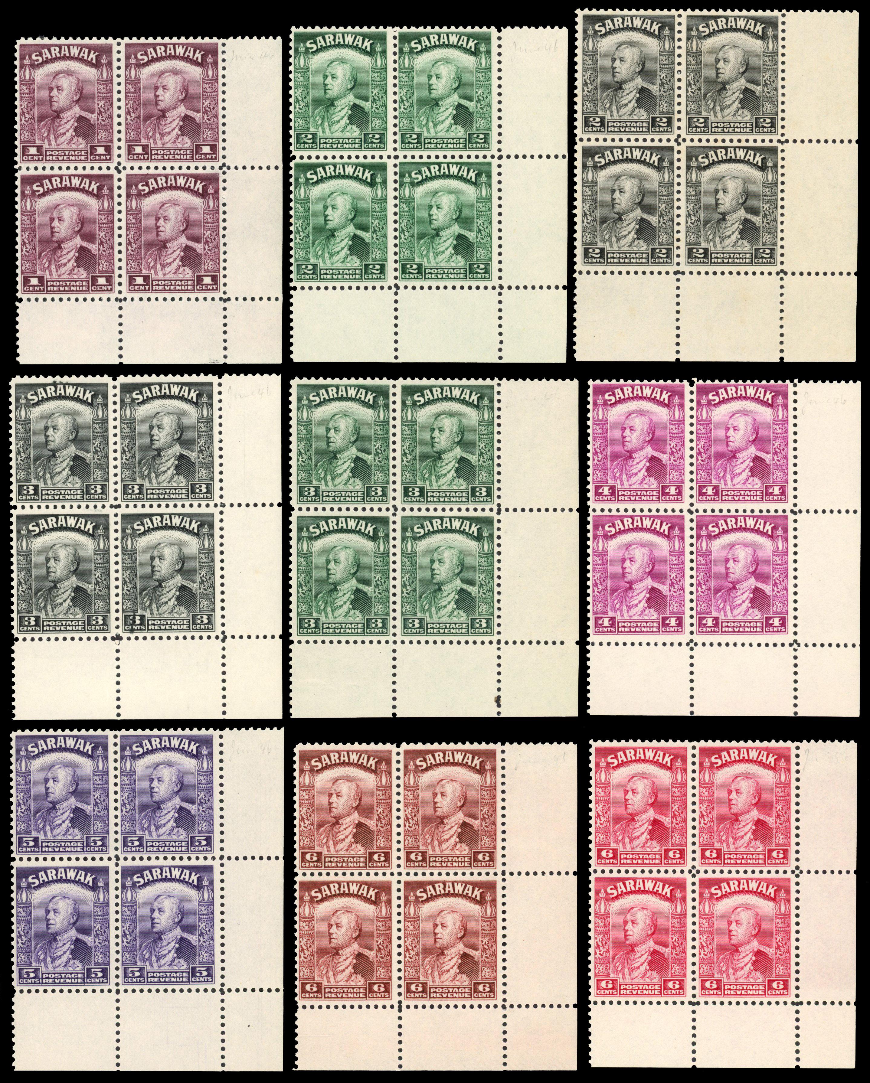 Sarawak 1934-41 set of 26 to $10 corner blocks of 4