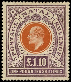1908 £1/10/- brown-orange and deep purple with creamy o.g., slight rubbing at base as often with this stamp; very good. SG...