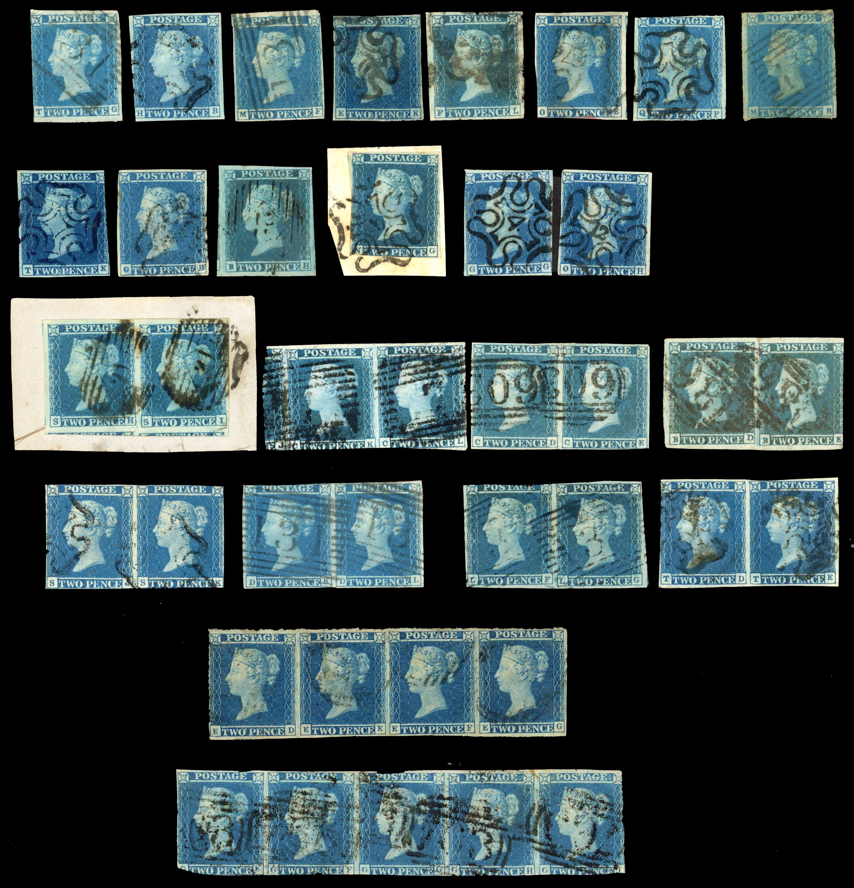 1841 2d blue, unplated selection of thirty-nine stamps, arranged on a Hagner sheet
