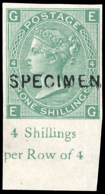 GB 1867-80 1s green, Pl. 4 (EG), imperforate lower marginal, optd SPECIMEN Type 6, Spec. J104s