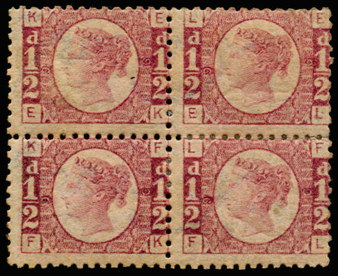 Great Britain 1870 ½d Rose-red Pl.9. Very fine unused o.g. block of four lettered EK-FL with good perforations and…