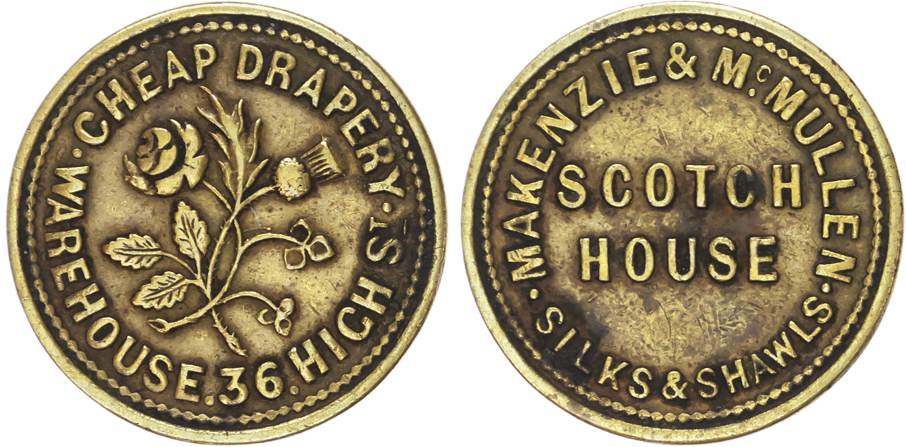 Belfast, McKenzie & McMullen, ( silk mercer drapers) farthing (1860s), rose, thistle and shamrock/two-line leg…