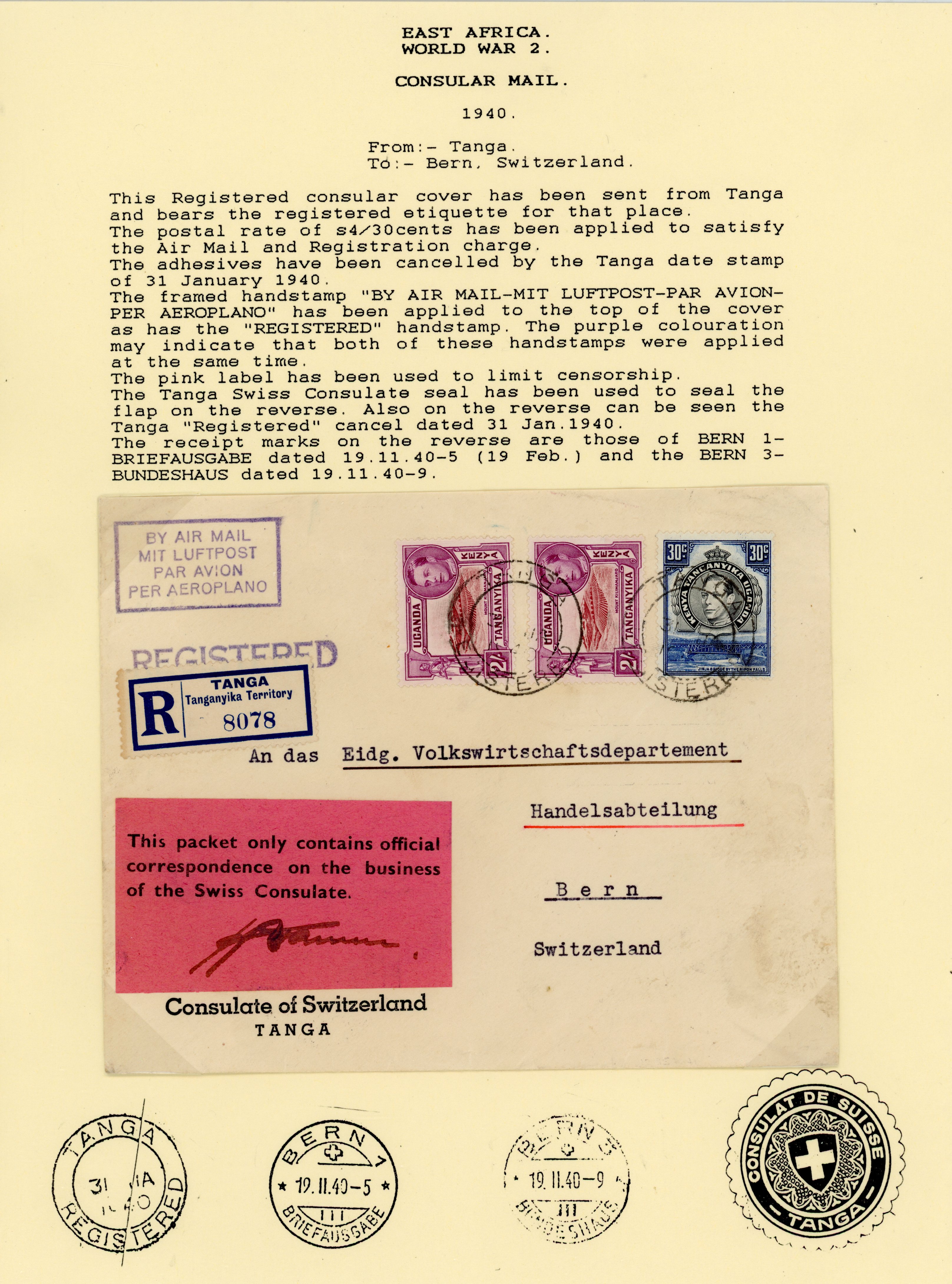 KUT 1940 Swiss consulate cover