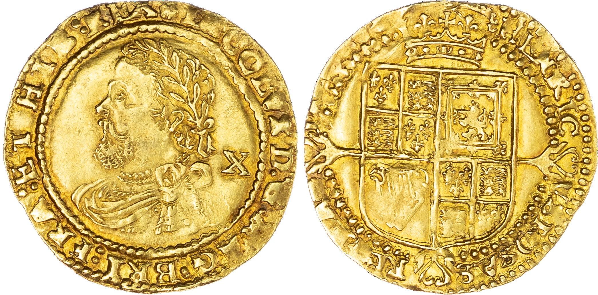 James I (1603-25), Half-Laurel, third coinage(1619-25), mintmark rose (1620-21), legend surrounds IACOBVS DG MA BRI FRA ET