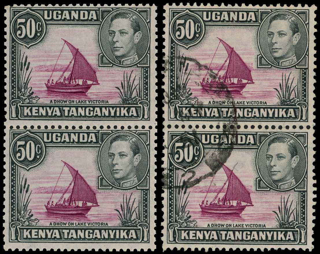 1950 50c perf 13 x 12½ vertical pair with and without dot, very lightly hinged o.g., together with a fine used pair.  SG...