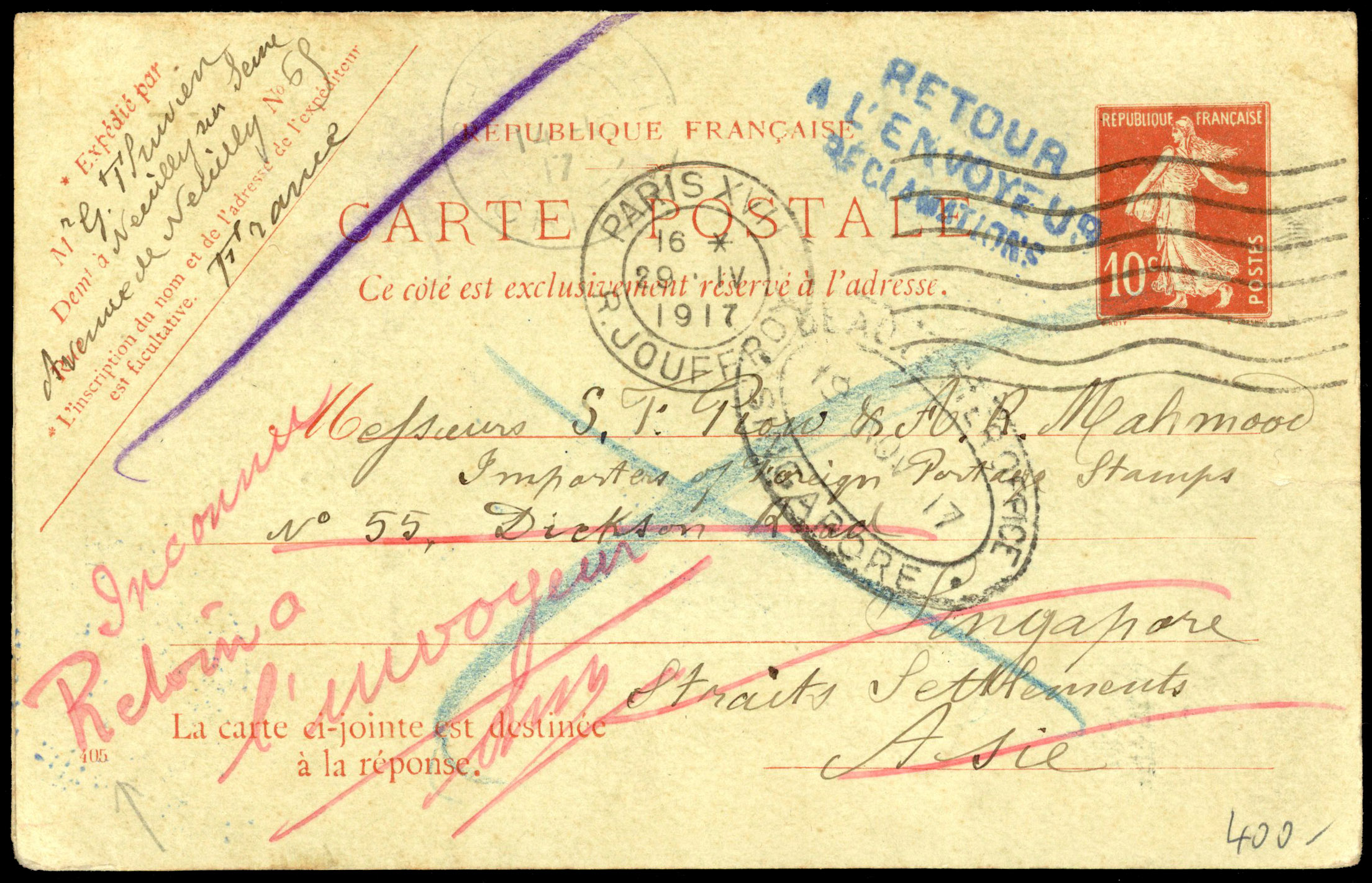 1910-17 incoming mail to Singapore 'Dead Letter Office' Instructional Markings