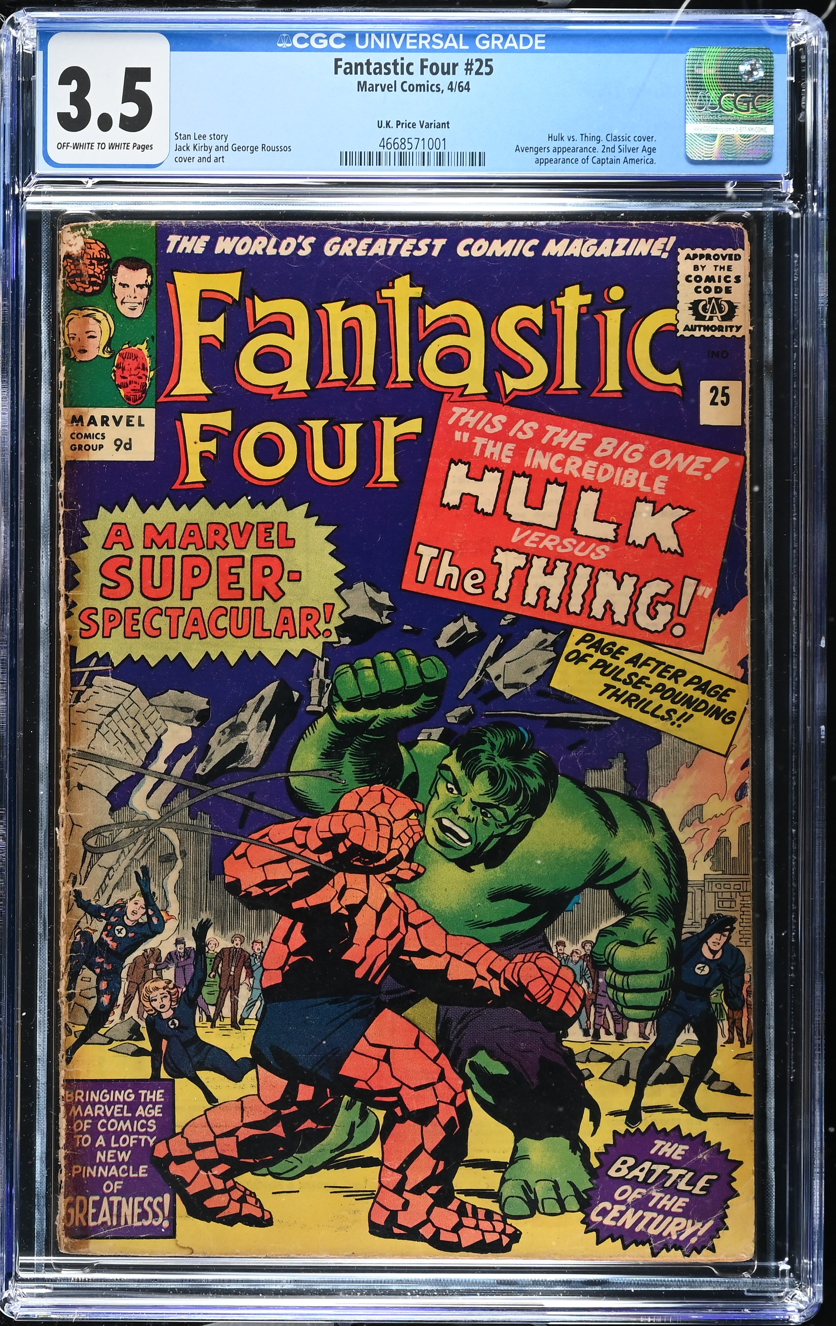 Fantastic Four #25 CGC 3.5 UK Variant 2nd Silver Age Captain America (Marvel Comics, 1964) Off-White to White Pages