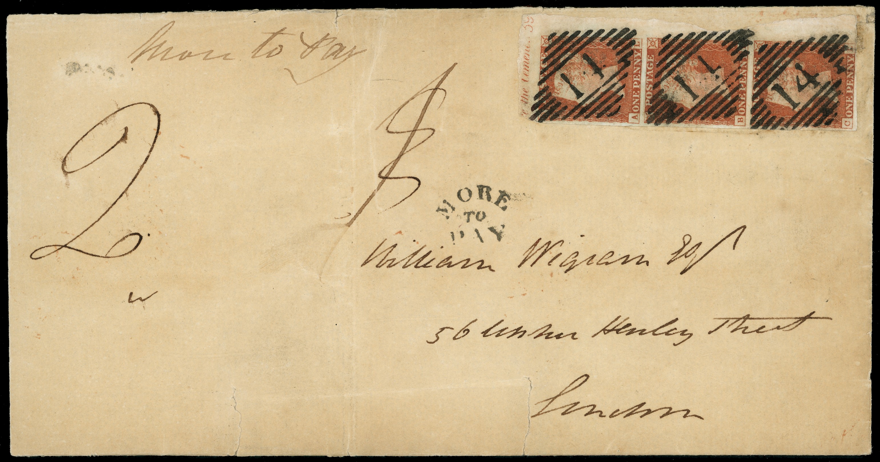 1841 1d Red-brown Pl.39. Wrapper with plate number strip of...