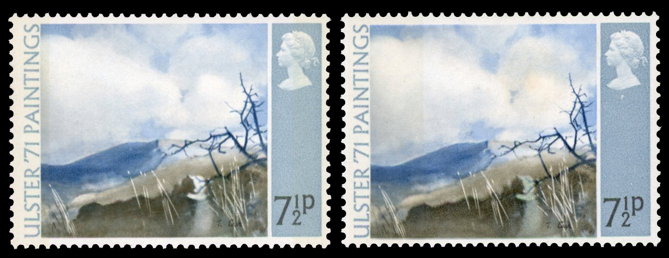 1971 7½p Ulster Paintings, pale olive grey omitted, offered with normal for comparison, fine unmounted o.g.
