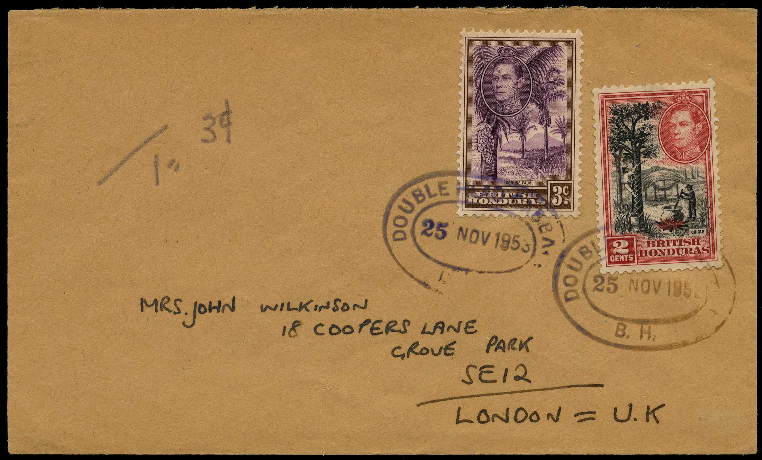 1953 envelope to UK with KG VI 2ct and 3ct,...