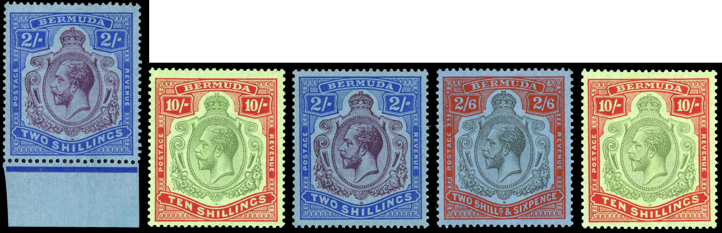 Bermuda SG 88g, 89j, 92 1924-32 Script 2s, 2s6d, 10s mint
