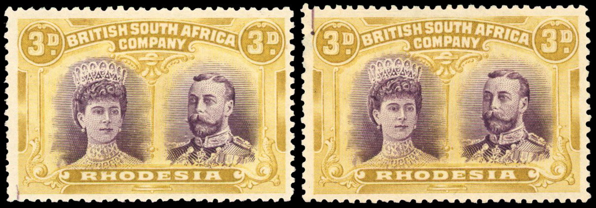 SG 137 3d violet and ochre, two o.g. examples with printer's marks