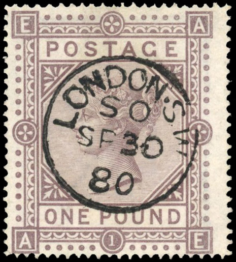GB 1867-83 Maltese Cross wmk £1 brown-lilac (AE), short stamp from the top row neatly tied by ‘LONDON.S W/S O/SP 30/80’ cds