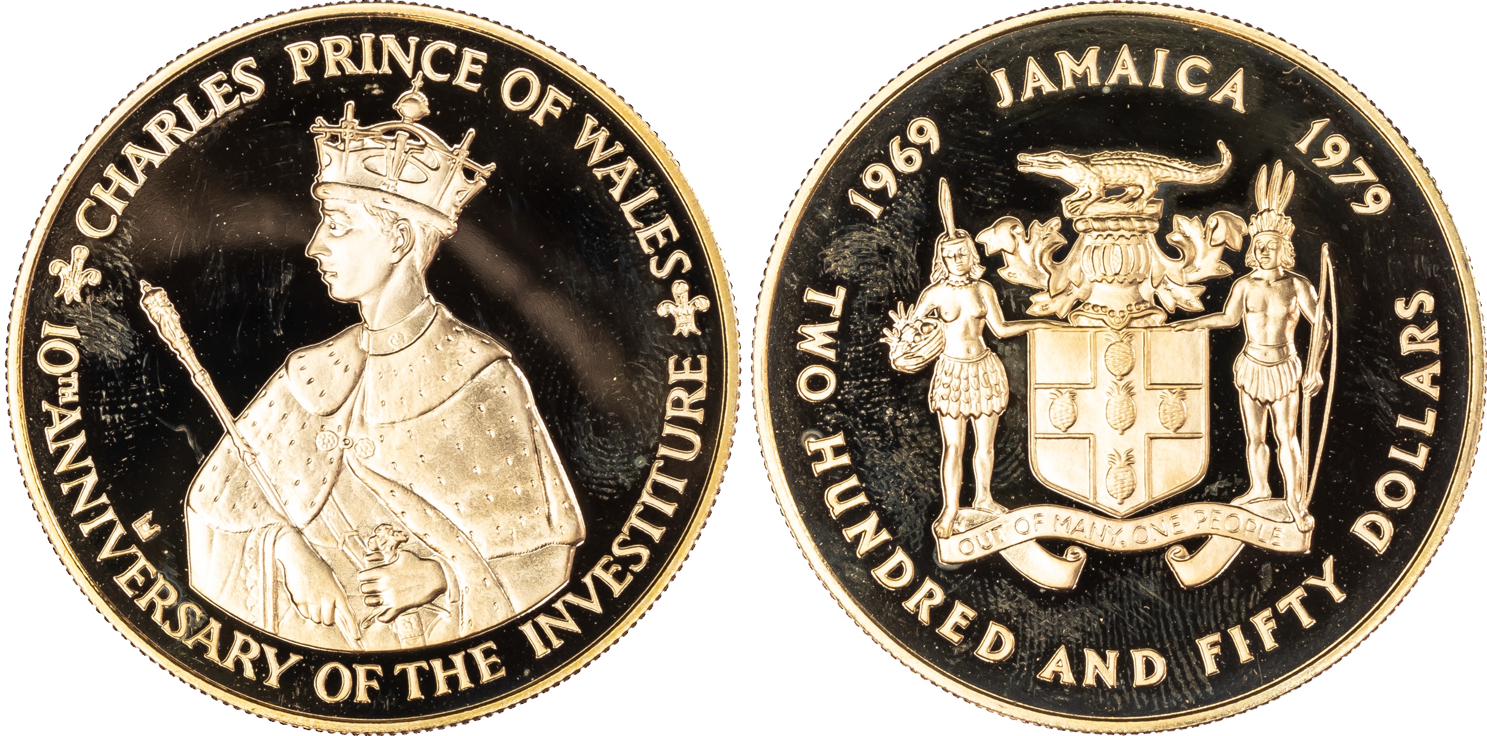 Jamaica, Elizabeth II (1952-2022), gold Proof 250 Dollars, 10th Anniversary of Investiture of Prince Charles