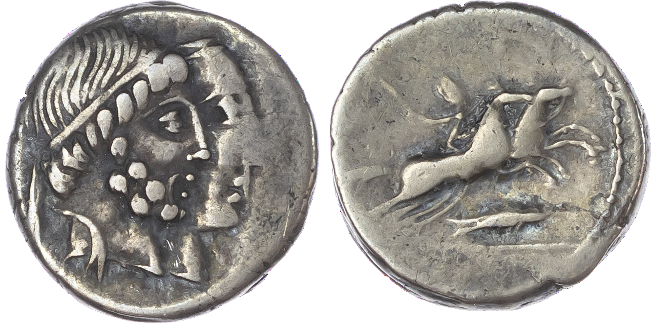 C. Censorinus (88 BC) AR Denarius, Rome, 3.96g. Jugate heads of Numa Pompilius and Ancus Marcius facing right. Rev. Desultor